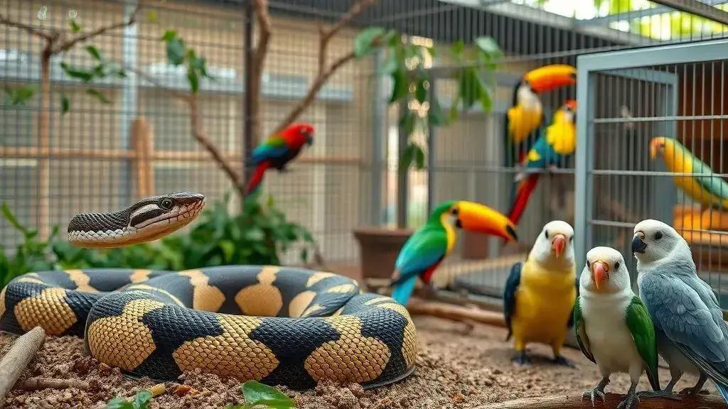 Animais apreendidos: cobra, tucano e papagaios