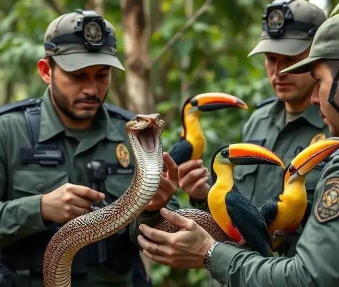 Cobra exótica e aves silvestres resgatadas; cinco presos por tráfico de animais