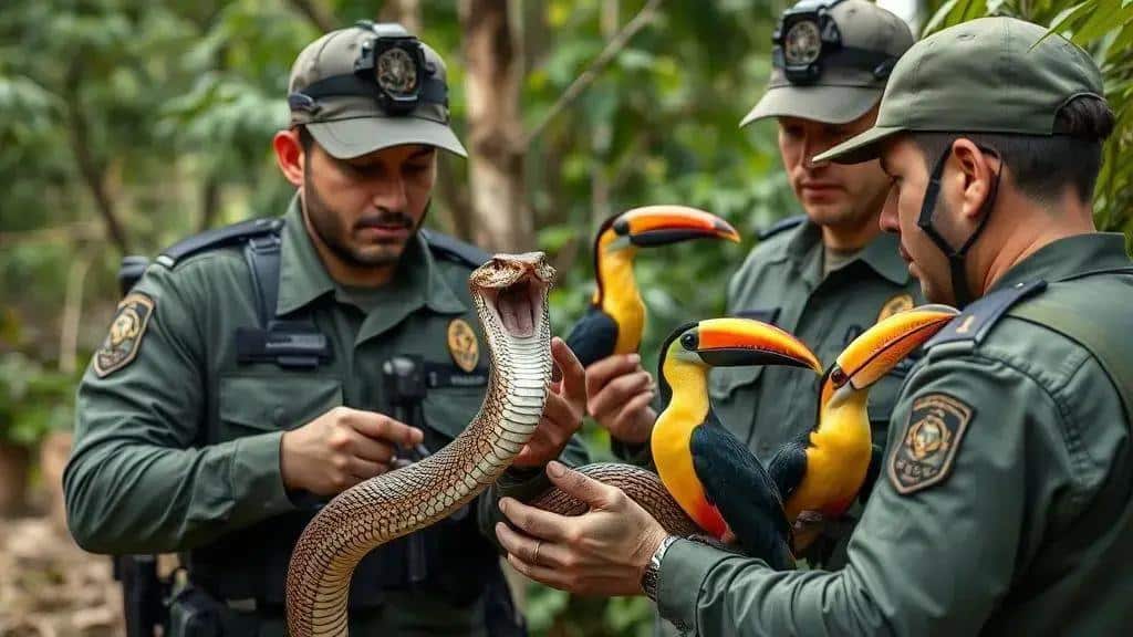 Cobra exótica e aves silvestres resgatadas; cinco presos por tráfico de animais