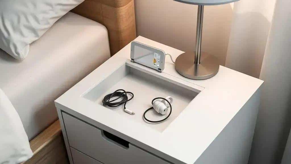 Tampa inclinável: espaço escondido para cabos e itens pessoais